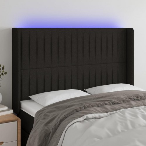 Sengegavl med LED-lys 147×16×118/128 cm - stof, sort