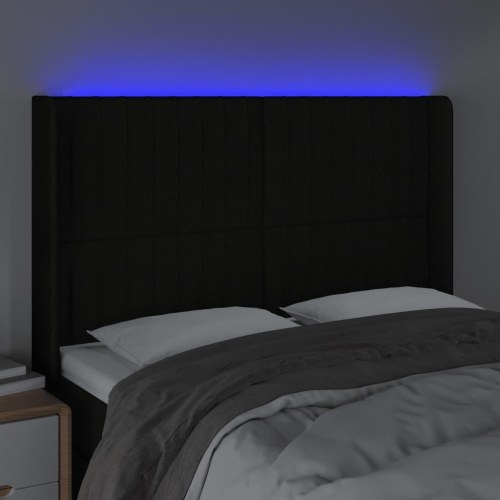 Sengegavl med LED-lys 147×16×118/128 cm - stof, sort