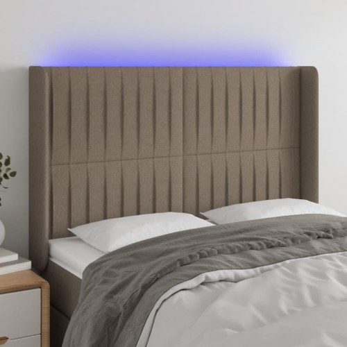 Sengegavl med LED-lys 147×16×118/128 cm - stof, gråbrun