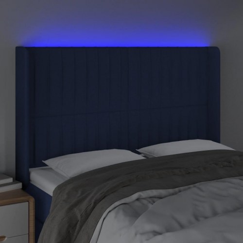 Sengegavl med LED-lys 147×16×118/128 cm - stof, blå