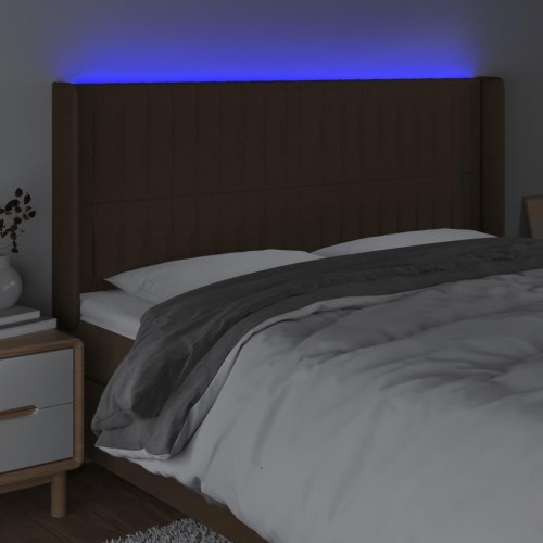 Sengegavl med LED-lys i stof - 163×16×118/128 cm, mørkebrun