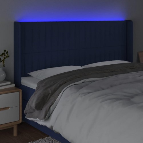 Sengegavl med LED-lys 183×16×118/128 cm - stof, blå