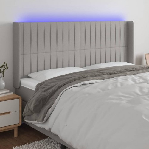 Sengegavl med LED-lys 203×16×118/128 cm - stof, lysegrå
