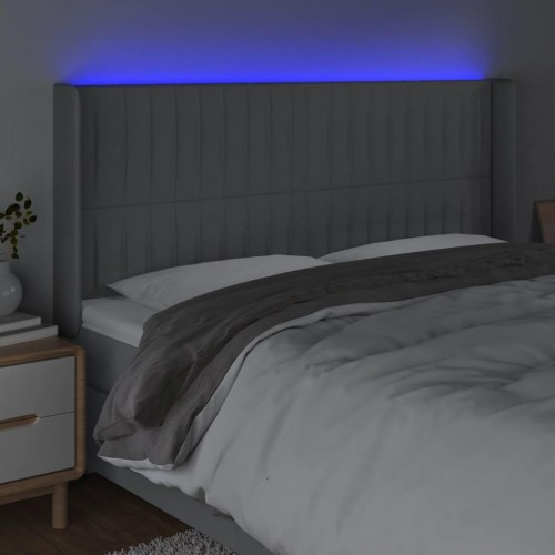 Sengegavl med LED-lys 203×16×118/128 cm - stof, lysegrå