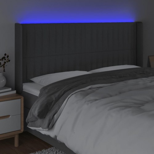 Sengegavl med LED-lys 203×16×118/128 cm - stof, mørkegrå