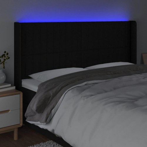 Sengegavl med LED-lys 203×16×118/128 cm - stof, sort