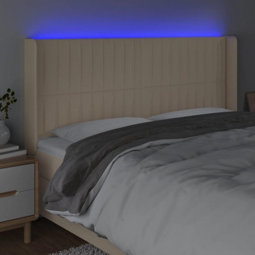 Sengegavl med LED-lys 203x16x118/128 cm - stof, cremefarvet