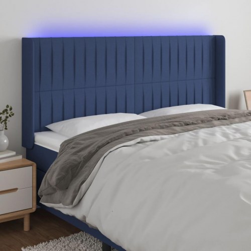 Sengegavl med LED-lys 203x16x118/128 cm - stof, blå