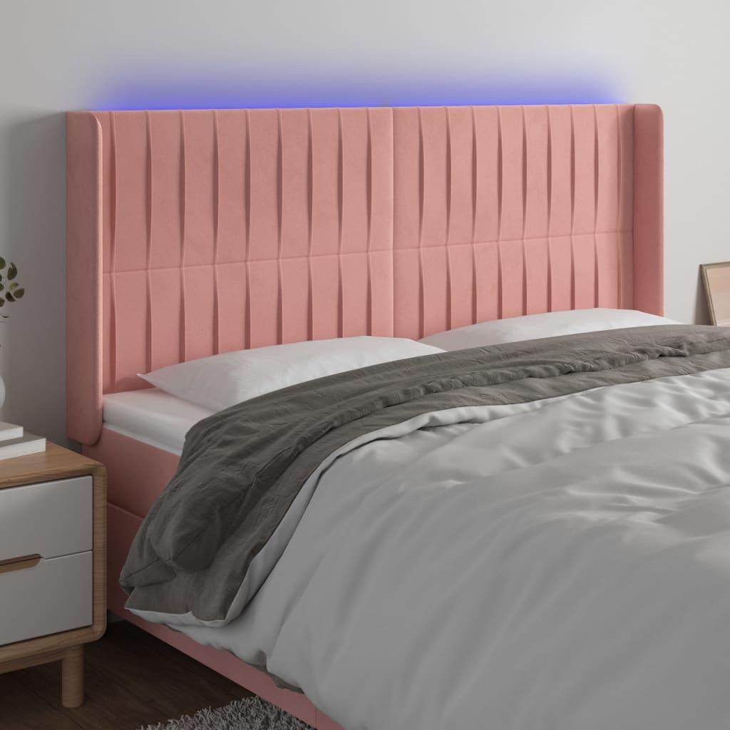 Sengegavl med LED-lys 163x16x118/128 cm fløjl lyserød billede