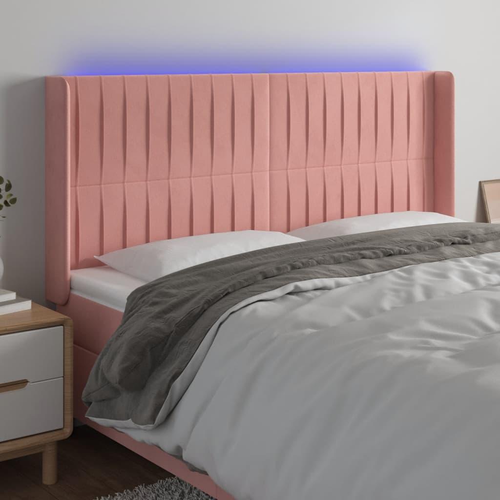 Sengegavl med LED-lys 183x16x118/128 cm fløjl lyserød billede