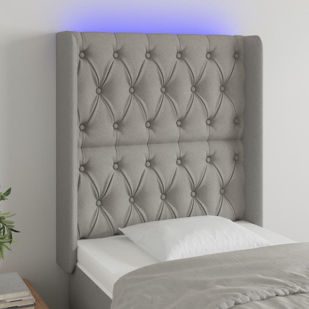 Sengegavl med LED-lys 83×16×118/128 cm - stof, lysegrå billede