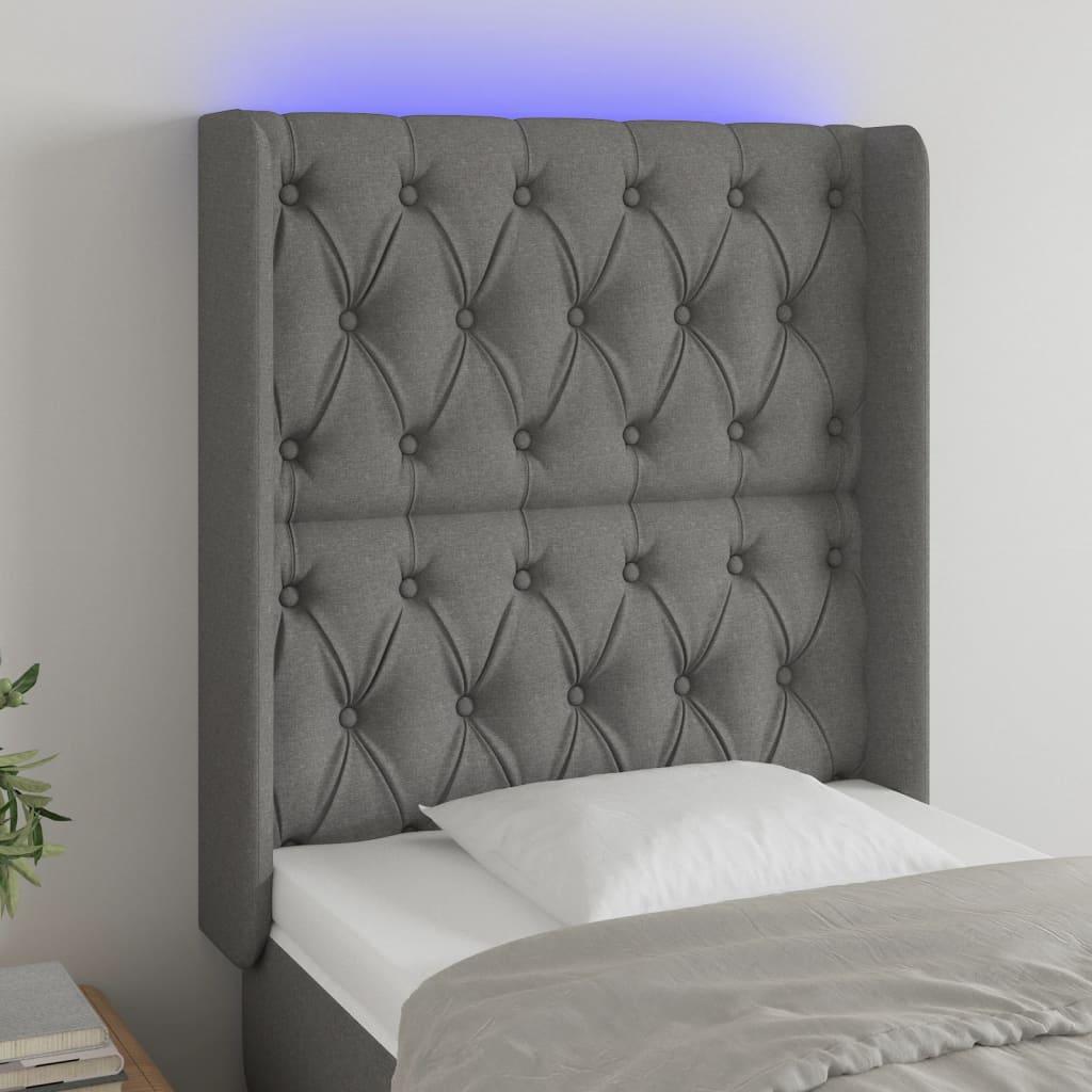 Sengegavl med LED-lys 83×16×118/128 cm - stof, mørkegrå billede