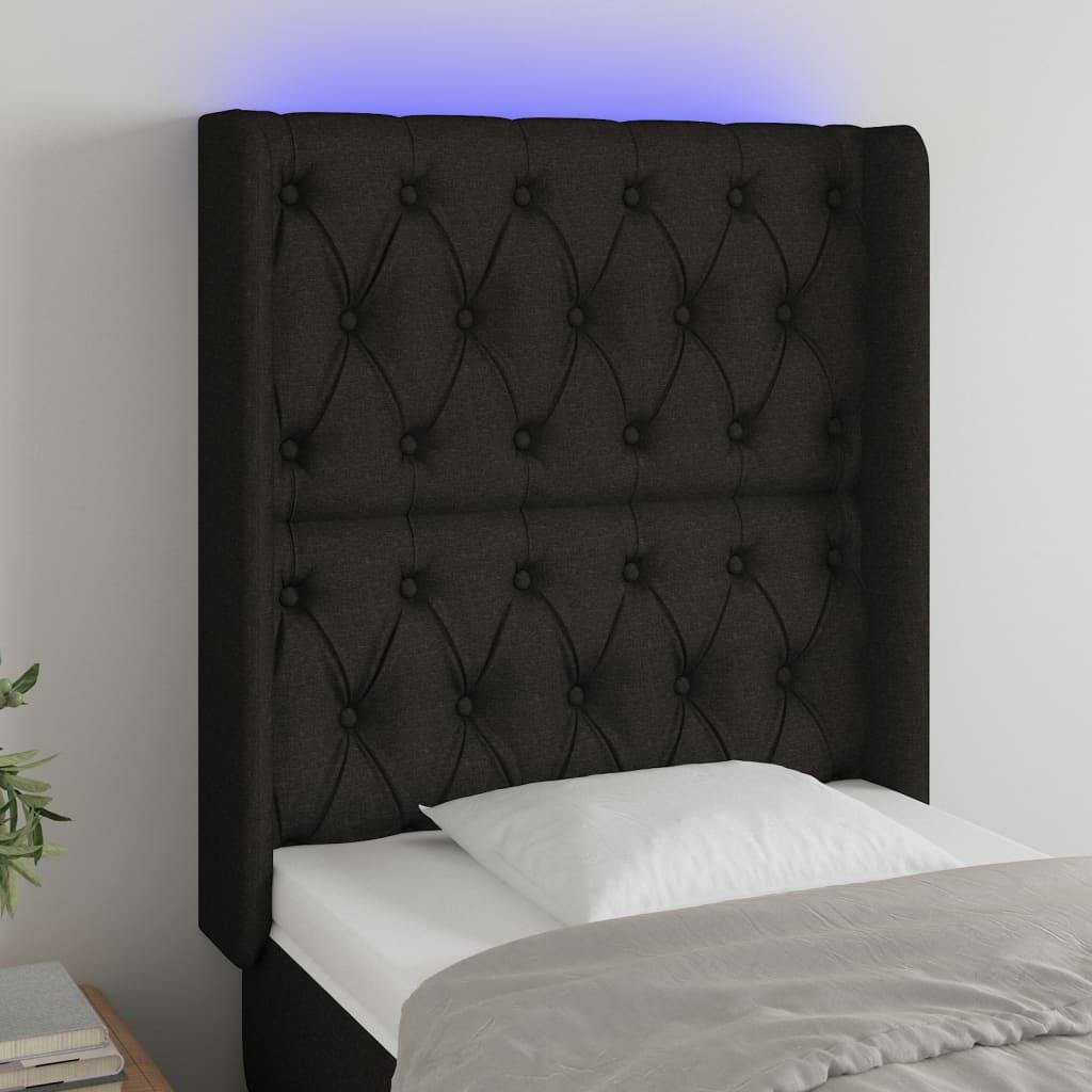 Sengegavl med LED-lys 83×16×118/128 cm - stof, sort billede