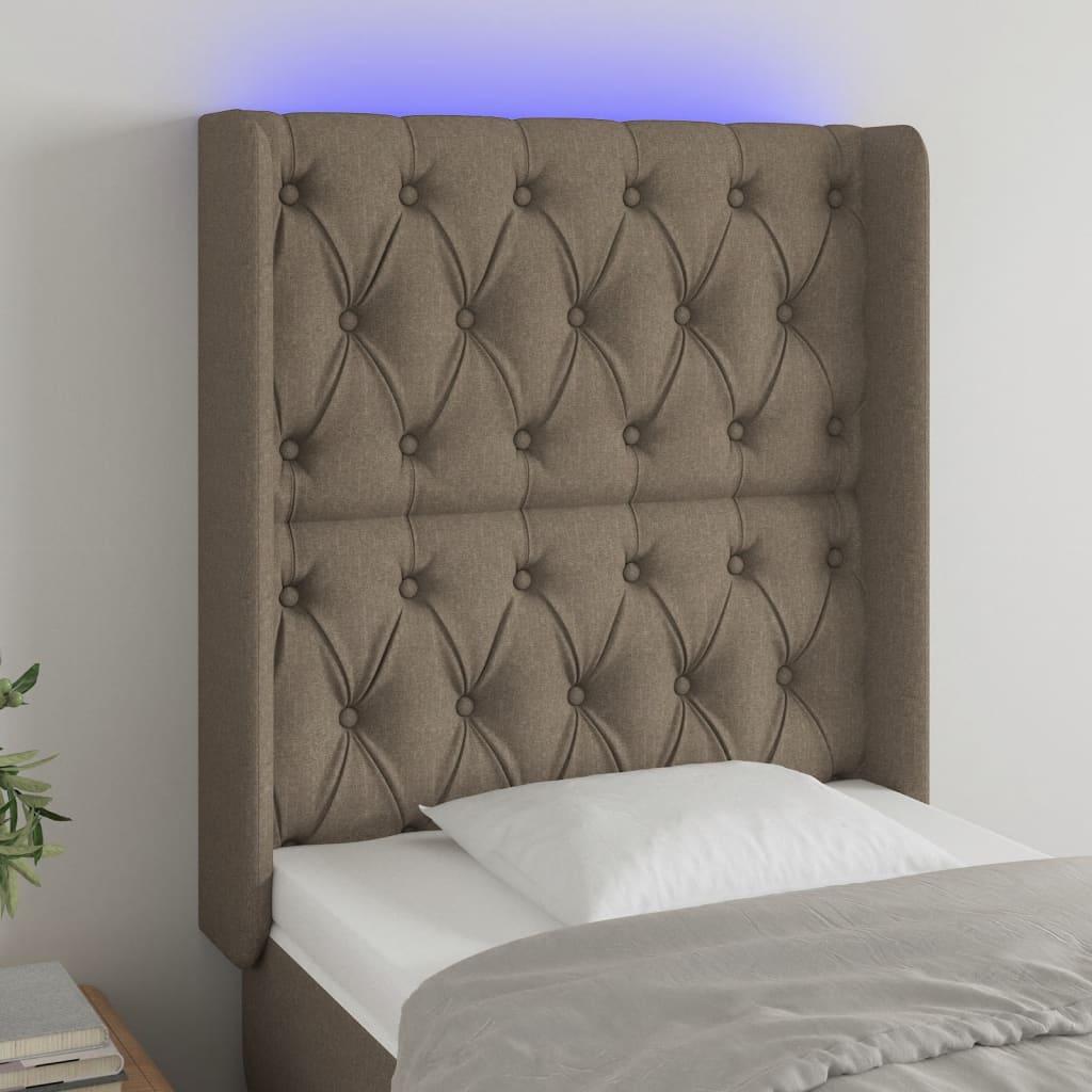 Sengegavl med LED-lys 83x16x118/128 cm stof gråbrun billede