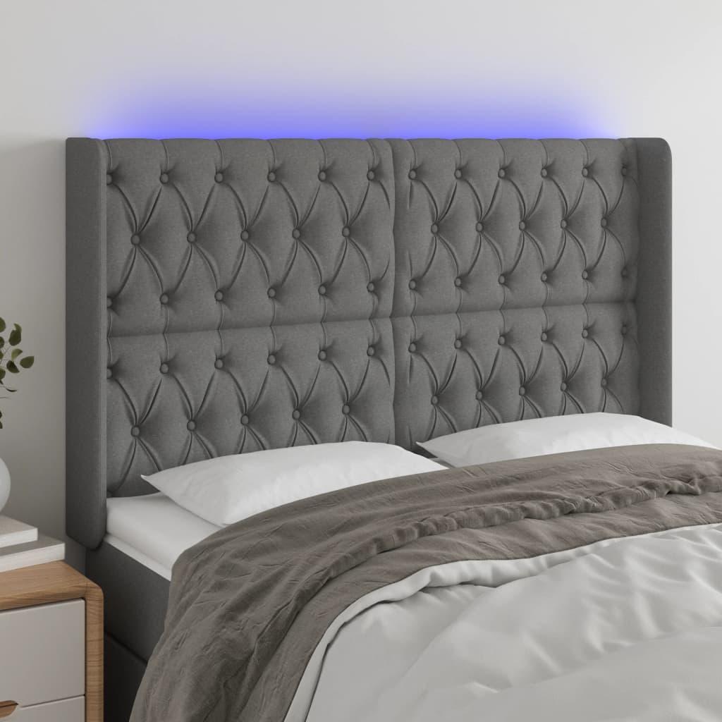 Sengegavl med LED-lys 147x16x118/128 cm stof mørkegrå