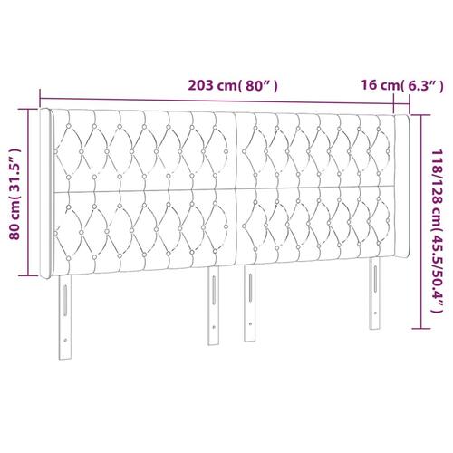 Sengegavl med LED-lys 203x16x118/128 cm stof lysegrå