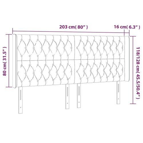 Sengegavl med LED-lys 203x16x118/128 cm stof mørkegrå