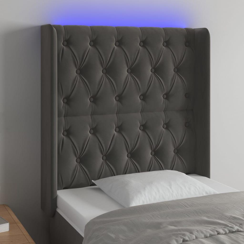 Sengegavl med LED-lys 83x16x118/128 cm fløjl mørkegrå billede