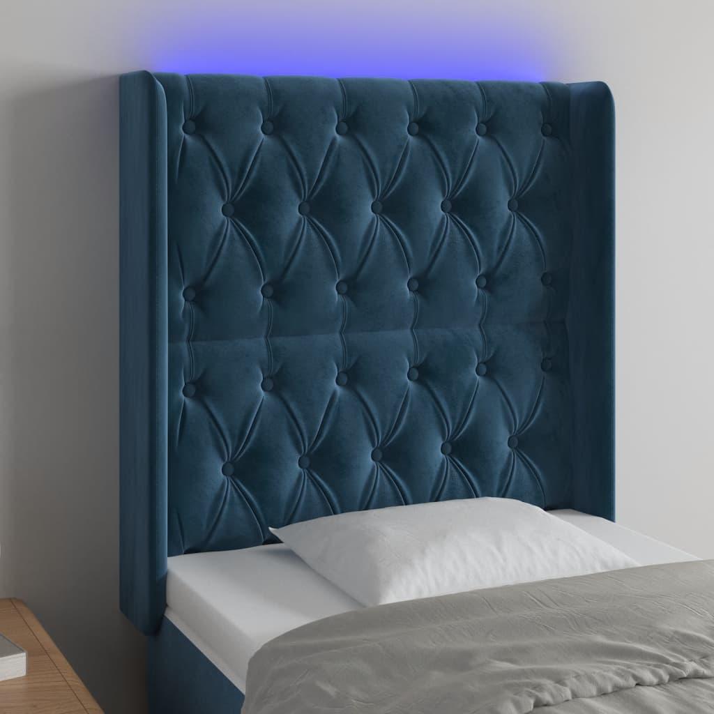 Sengegavl med LED-lys 83×16×118/128 cm - fløjl, mørkeblå billede