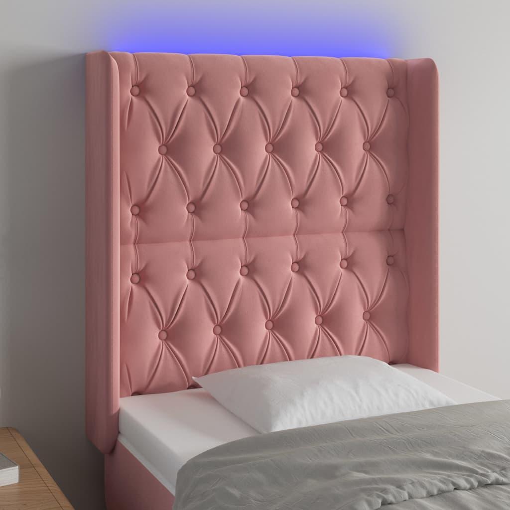 Sengegavl med LED-lys 83x16x118/128 cm fløjl lyserød billede