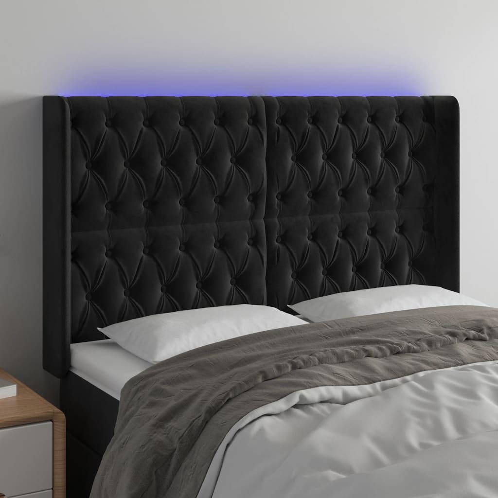Sengegavl Med Led-Lys Fløjl - Sort / 163 x 16 x 118/128 cm