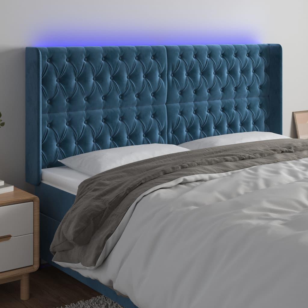 Sengegavl med LED-lys 183 x 16 x 118/128 cm fløjl mørkeblå