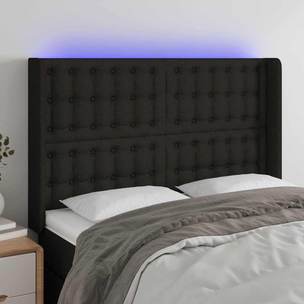 Sengegavl med LED-lys - 147x16x118/128 cm, stof, sort billede