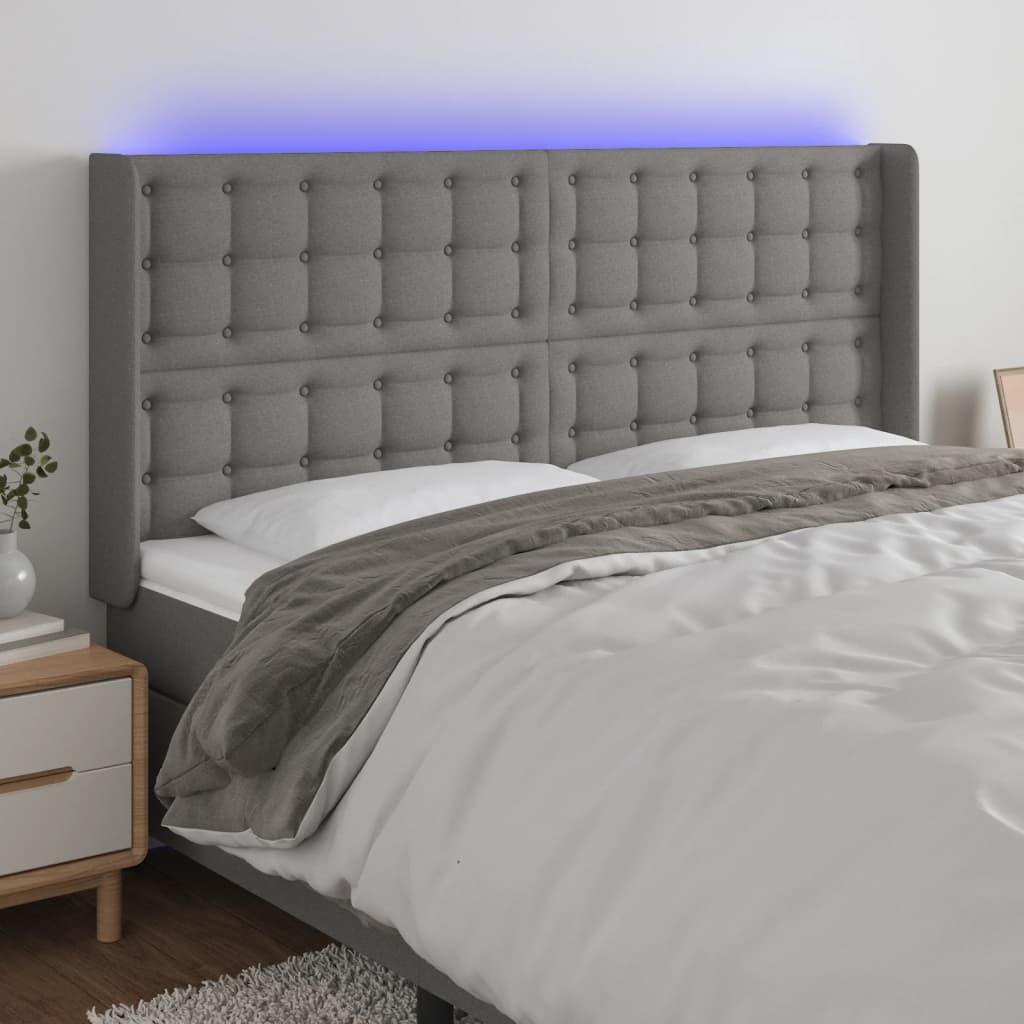 Sengegavl med LED-lys i stof - 163x16x118/128 cm, mørkegrå billede