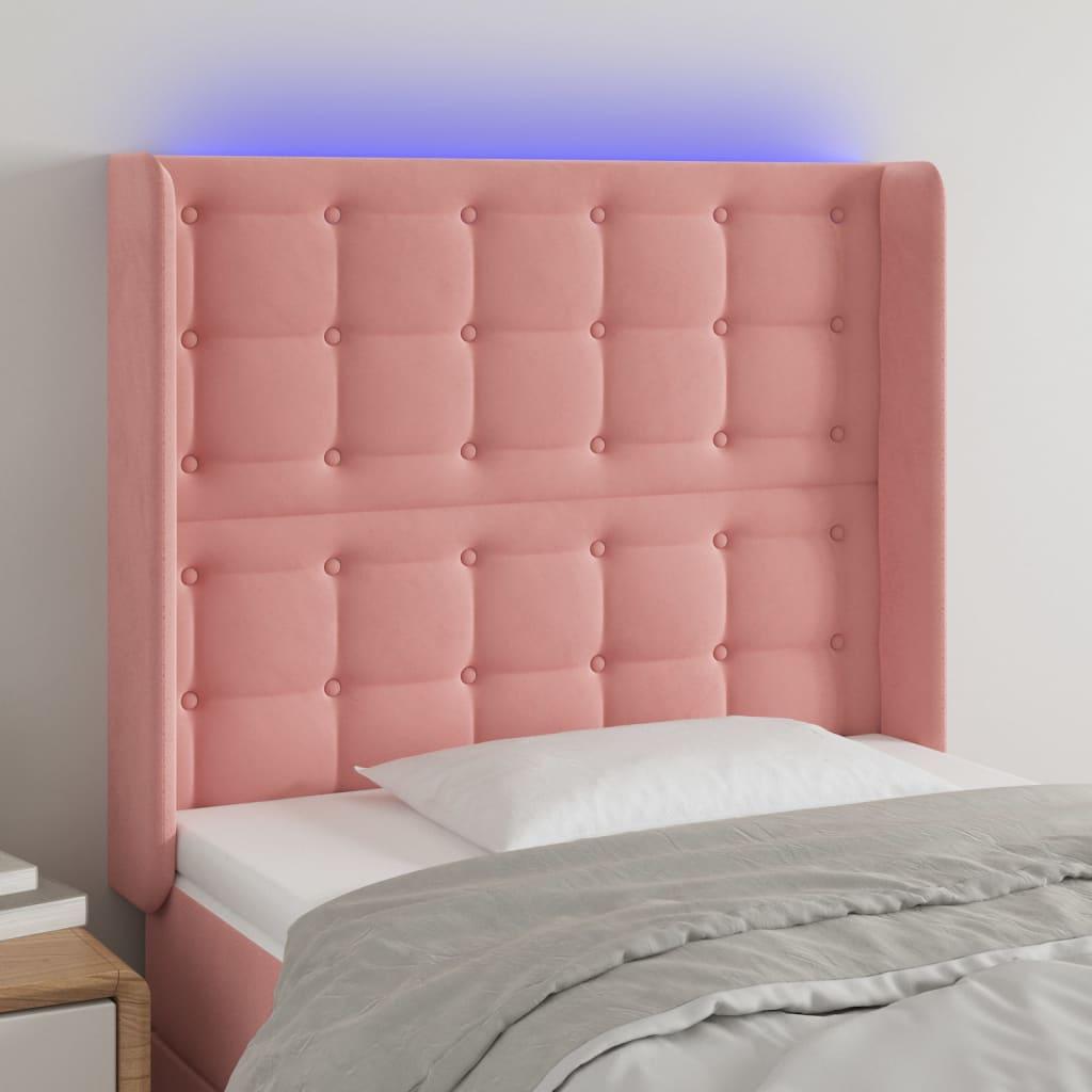 Sengegavl med LED-lys 83x16x118/128 cm fløjl lyserød billede