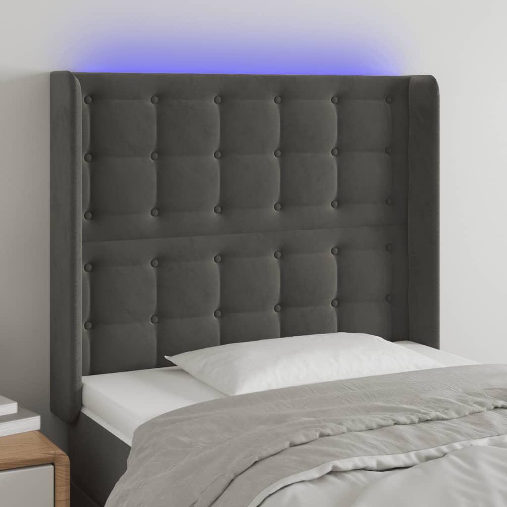 Sengegavl med LED-lys 93x16x118/128 cm fløjl mørkegrå billede