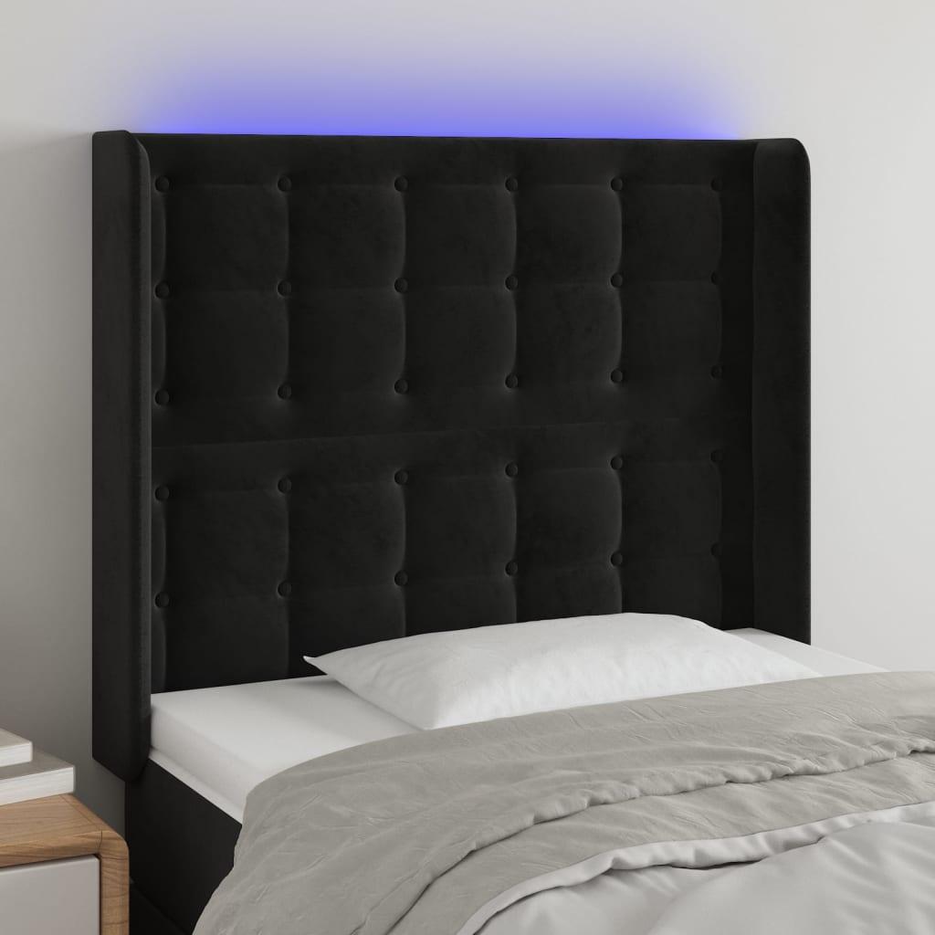 Sengegavl Med Led-Lys Fløjl - Sort / 103 x 16 x 118/128 cm