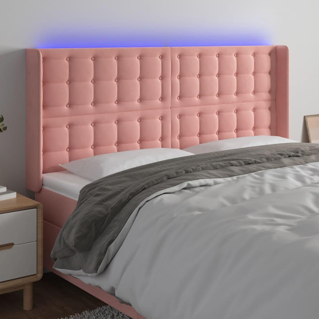 Sengegavl med LED-lys 183x16x118/128 cm fløjl lyserød billede