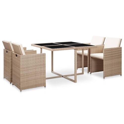 Udendørs spisebordssæt 5 dele med hynder polyrattan beige