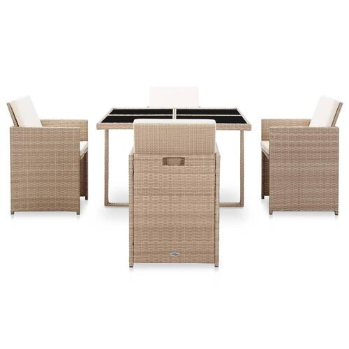 Udendørs spisebordssæt 5 dele med hynder polyrattan beige