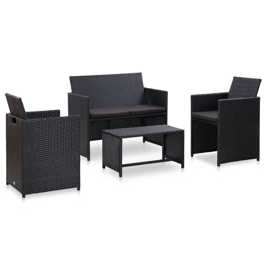 Haveloungesæt 4 dele med hynder polyrattan sort billede