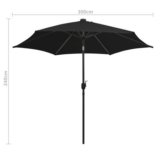 Parasol med LED-lys og aluminiumsstang 300 cm sort