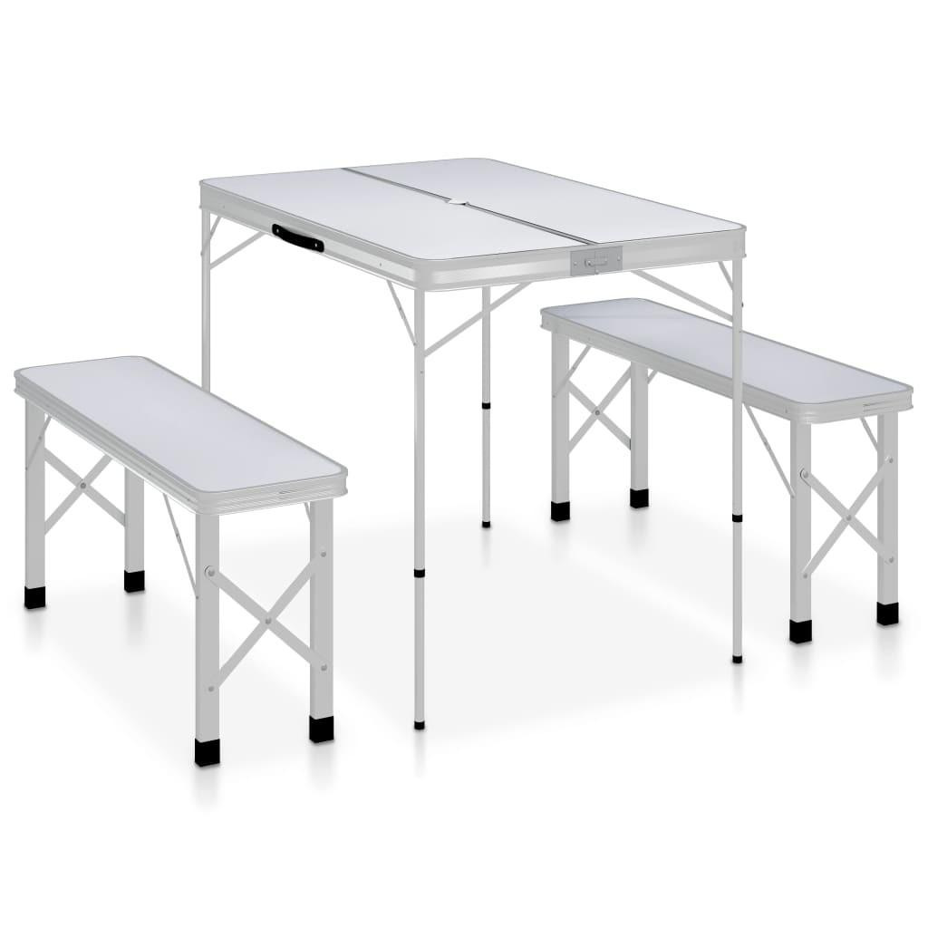 Foldbart campingbord med 2 bænke aluminium hvid