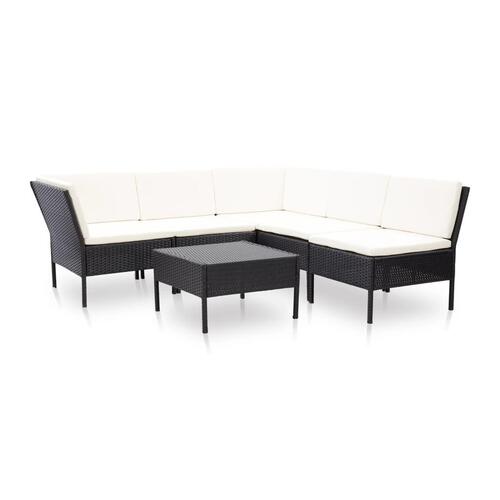 Haveloungesæt 6 dele med hynder polyrattan sort
