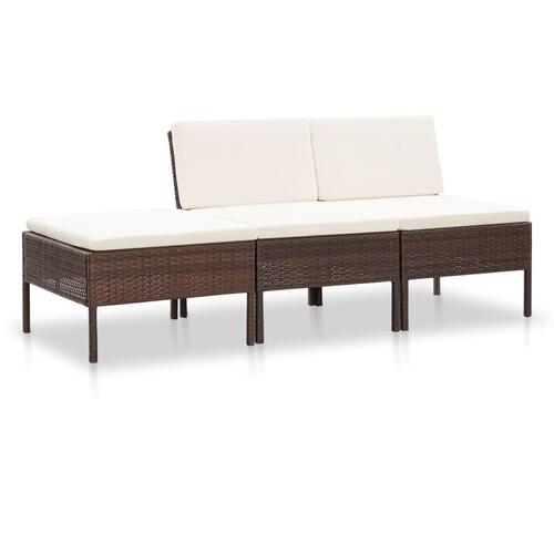 Haveloungesæt 3 dele med hynder polyrattan brun