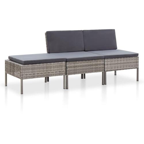 Haveloungesæt 3 dele med hynder polyrattan grå