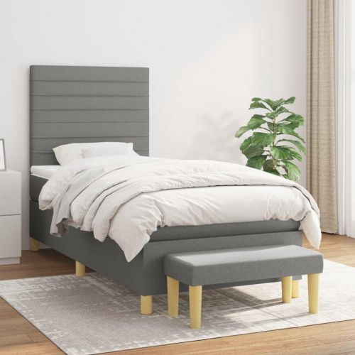 Kontinentalseng med madras og bænk 90x190 cm - stof, mørkegrå