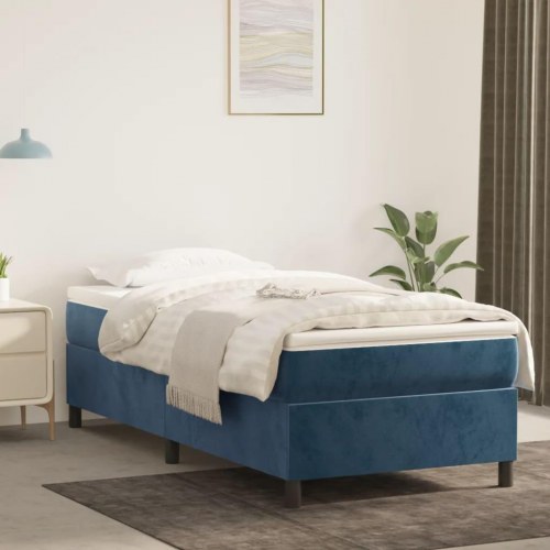 Kontinentalseng 90x200 cm i fløjl - mørkeblå med madras og topmadras
