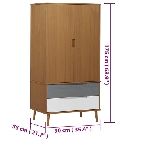 Tøjskab MOLDE 90x55x175 cm massivt fyrretræ brun