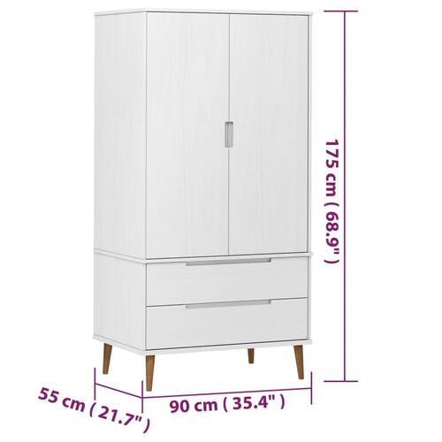 Klædeskab 90x55x175 cm massivt fyrretræ hvid