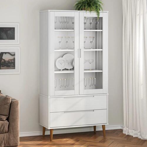 Vitrineskab MOLDE 90x35x175 cm massivt fyrretræ hvid