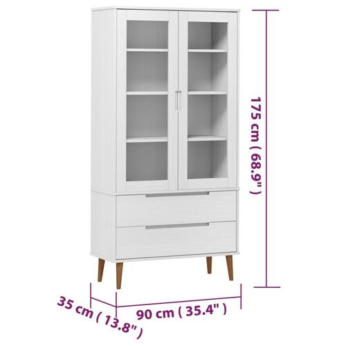 Vitrineskab MOLDE 90x35x175 cm massivt fyrretræ hvid