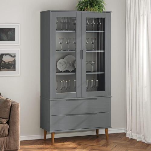 Vitrineskab MOLDE 90x35x175 cm massivt fyrretræ grå
