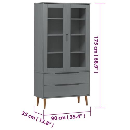 Vitrineskab MOLDE 90x35x175 cm massivt fyrretræ grå