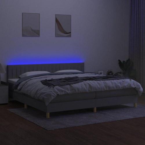 Kontinentalseng med LED-lys 200x200 cm - stof, lysegrå