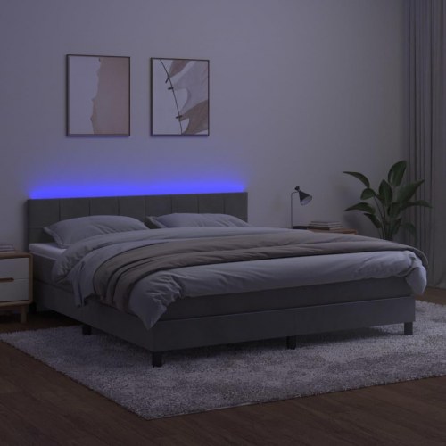 Kontinentalseng med madras og LED-lys 160×200 cm - fløjl, lysegrå